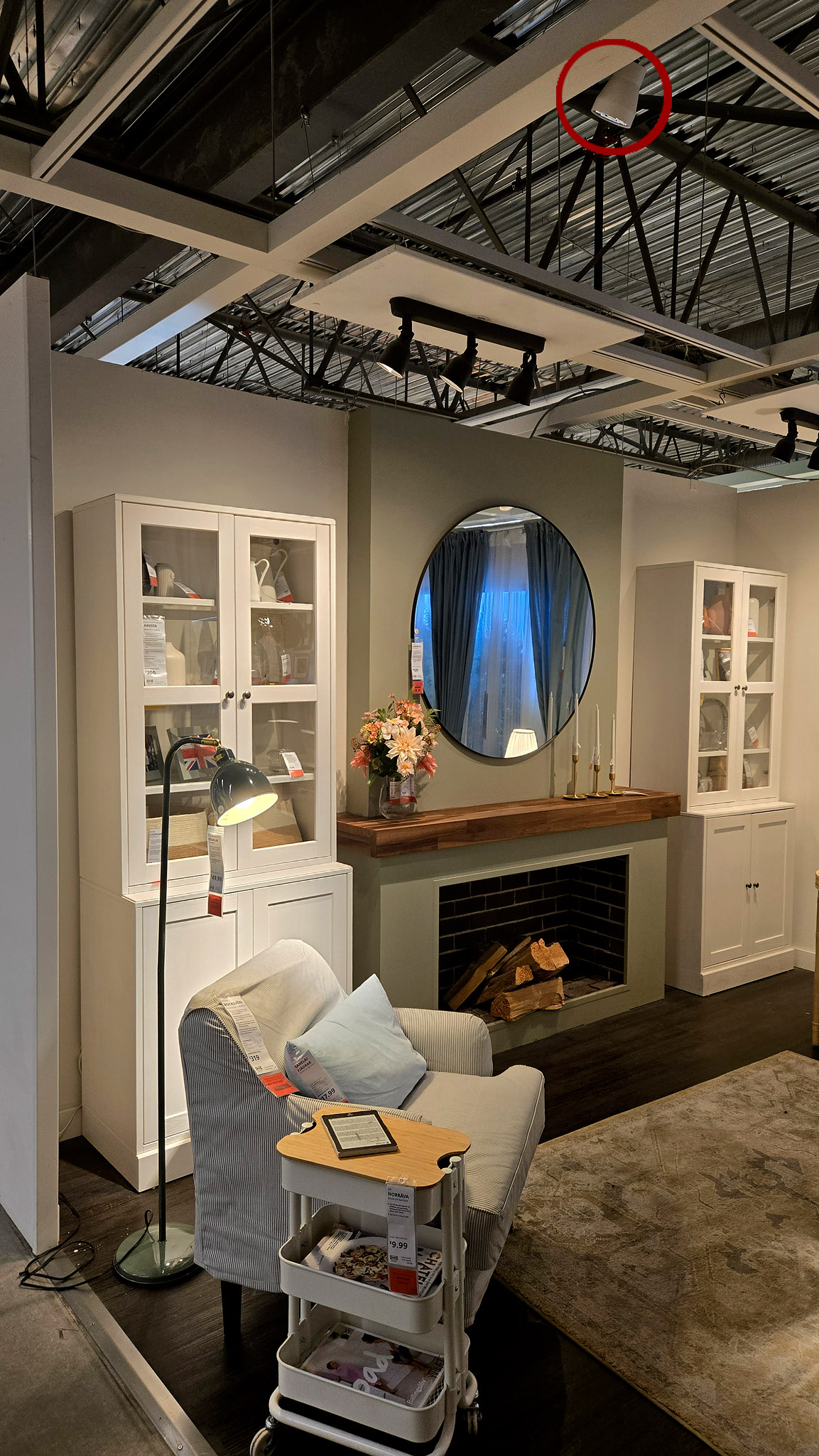 IKEA showroom living room with hidden ceiling spotlights revealed