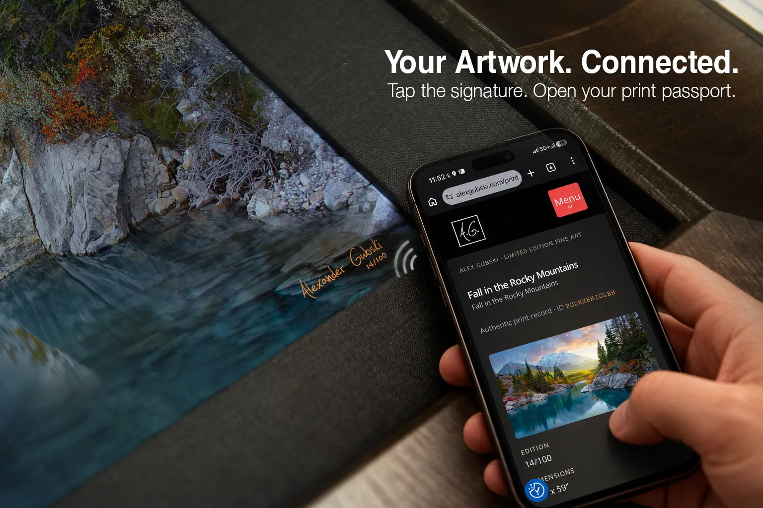 NFC digital print passport — hold a smartphone near the signature to open the print’s record page