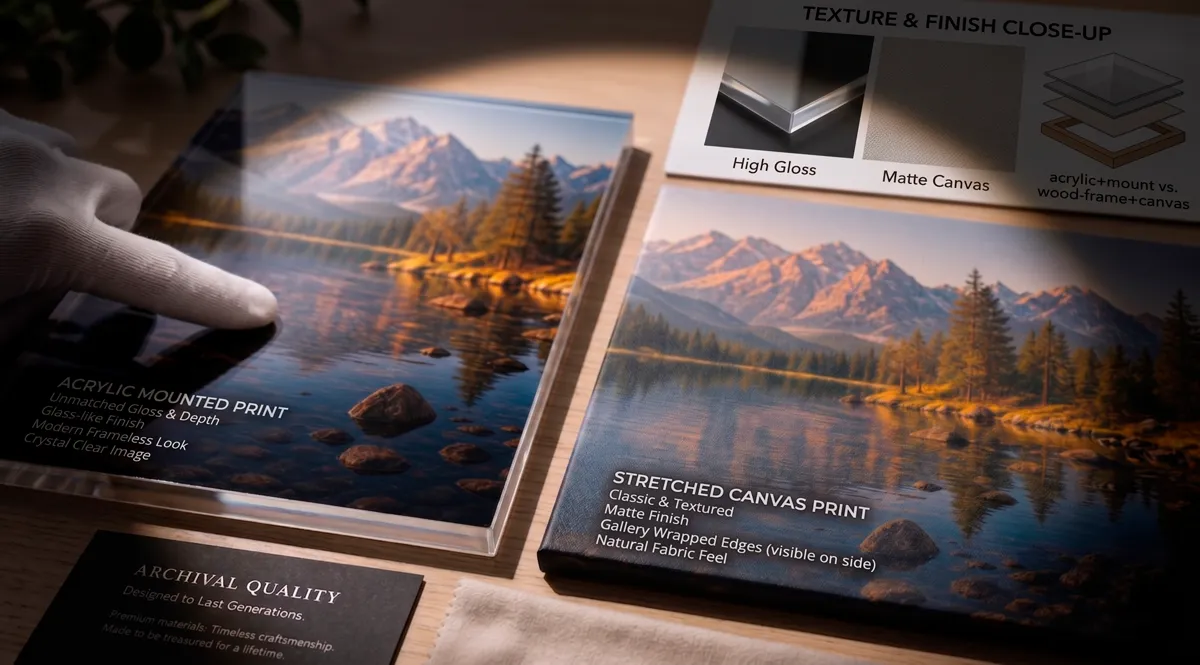 Side-by-side comparison of acrylic face-mount and canvas print construction methods